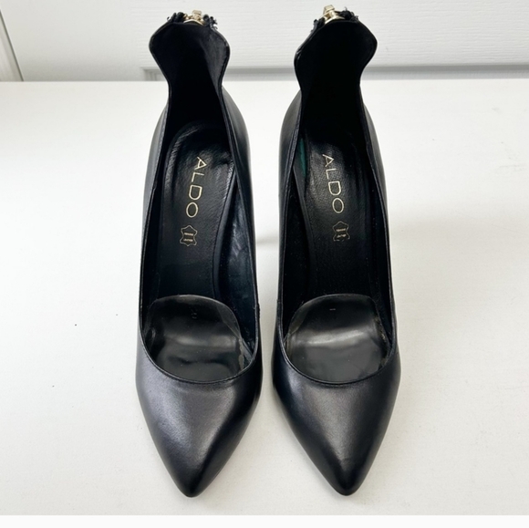 🍁 Aldo Black Leather Pumps Pointy Toe Stiletto High Heels Gold Zippers Size 7.5 - Picture 4 of 10